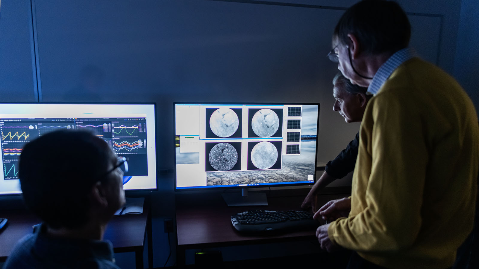 AWE principal investigator and other team members view AWE’s first images captured.